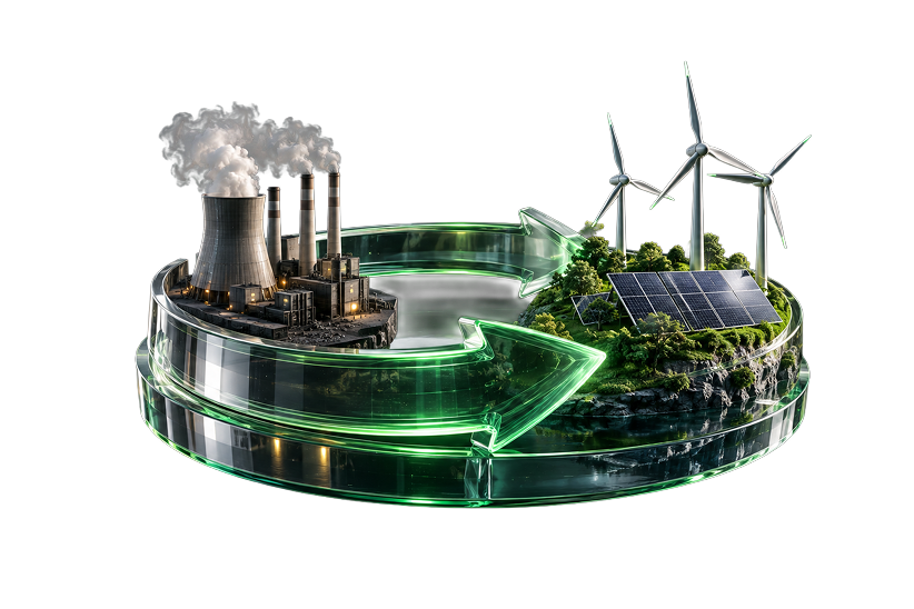 Ilustración de la transición de una planta de energía convencional a energías renovables